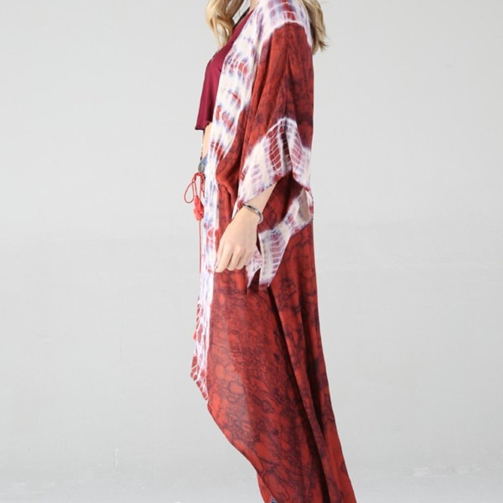 5⭐️!! NWT Boho Tie Dye Kimono Duster Red/White Small - Picture 3 of 12
